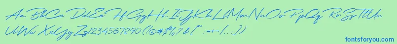 フォントJodie Badiston Script Demo – 青い文字は緑の背景です。