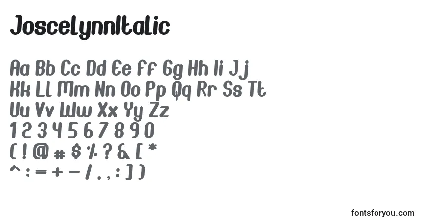 A fonte JoscelynnItalic – alfabeto, números, caracteres especiais