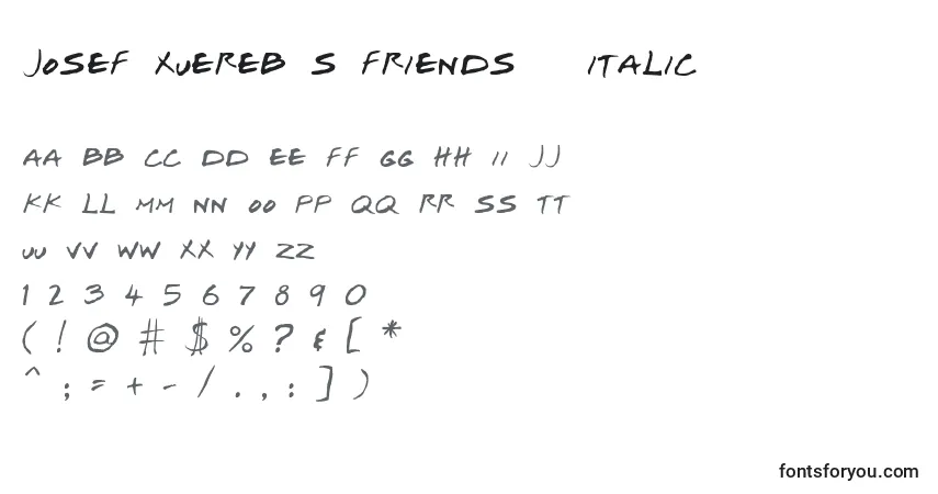 Czcionka Josef Xuereb s Friends   Italic – alfabet, cyfry, specjalne znaki