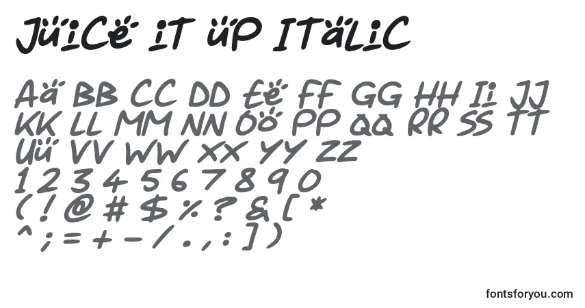Schriftart Juice it up Italic – Alphabet, Zahlen, spezielle Symbole