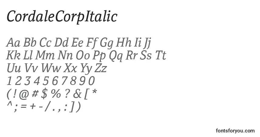 Schriftart CordaleCorpItalic – Alphabet, Zahlen, spezielle Symbole