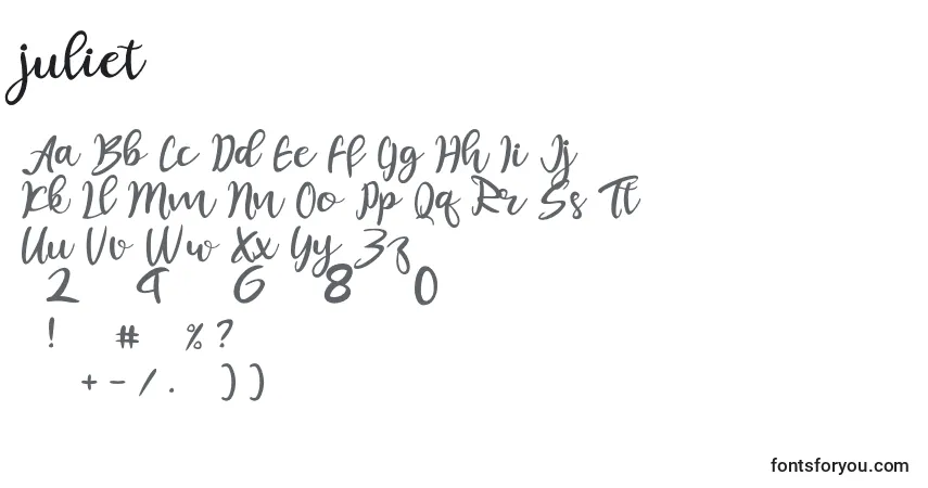 Schriftart Juliet (131184) – Alphabet, Zahlen, spezielle Symbole