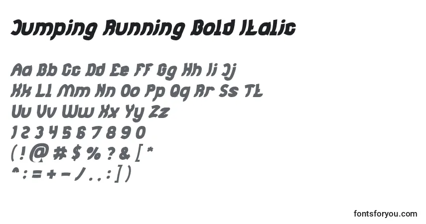 A fonte Jumping Running Bold Italic – alfabeto, números, caracteres especiais