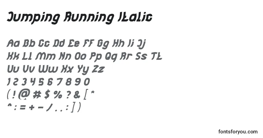 Шрифт Jumping Running Italic – алфавит, цифры, специальные символы