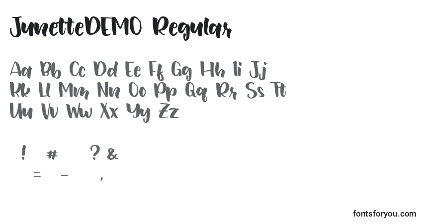 Шрифт JunetteDEMO Regular – алфавит, цифры, специальные символы