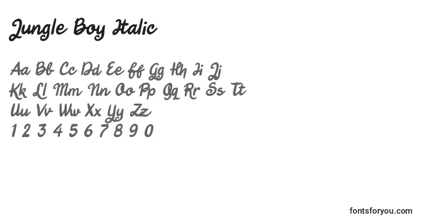 Schriftart Jungle Boy Italic – Alphabet, Zahlen, spezielle Symbole