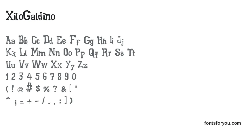 A fonte XiloGaldino – alfabeto, números, caracteres especiais