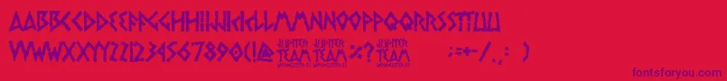 jupiter team-Schriftart – Violette Schriften auf rotem Hintergrund