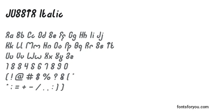 Шрифт JUSSTA Italic – алфавит, цифры, специальные символы