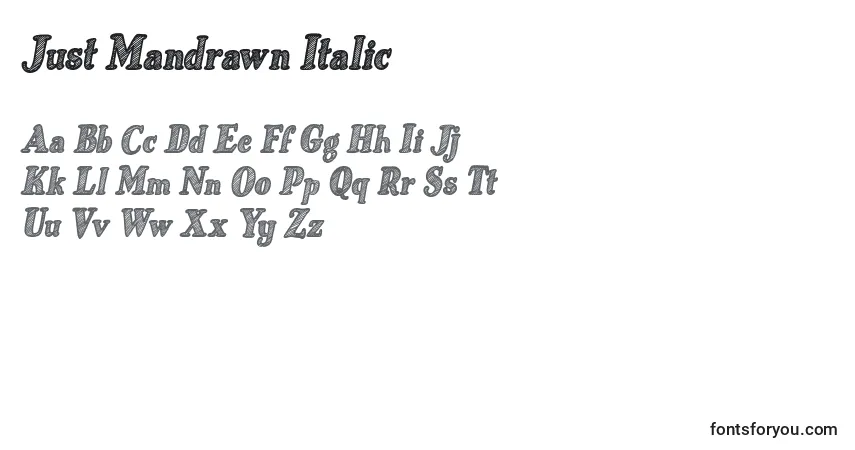 Fuente Just Mandrawn Italic - alfabeto, números, caracteres especiales