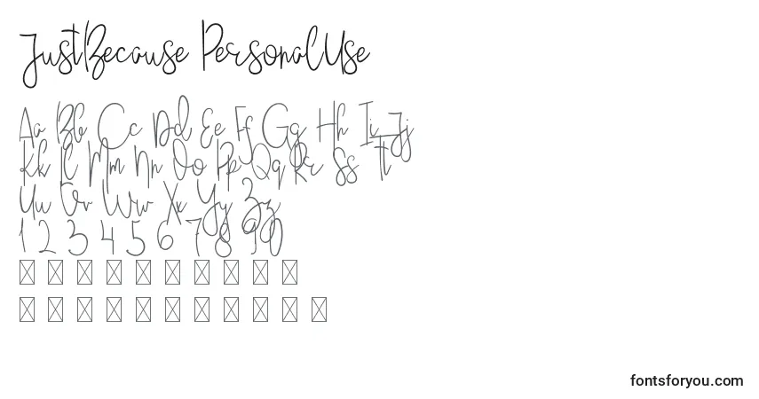 Czcionka JustBecause PersonalUse – alfabet, cyfry, specjalne znaki