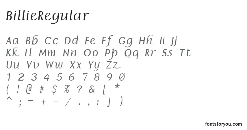 Czcionka BillieRegular – alfabet, cyfry, specjalne znaki