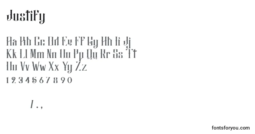 A fonte Justify (131275) – alfabeto, números, caracteres especiais