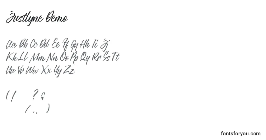 A fonte Justlyne Demo (131278) – alfabeto, números, caracteres especiais