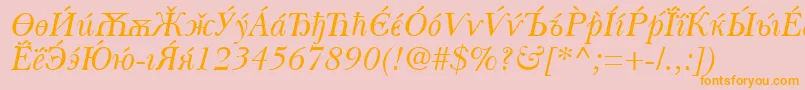 BaskervilleCyrillicItalic-Schriftart – Orangefarbene Schriften auf rosa Hintergrund
