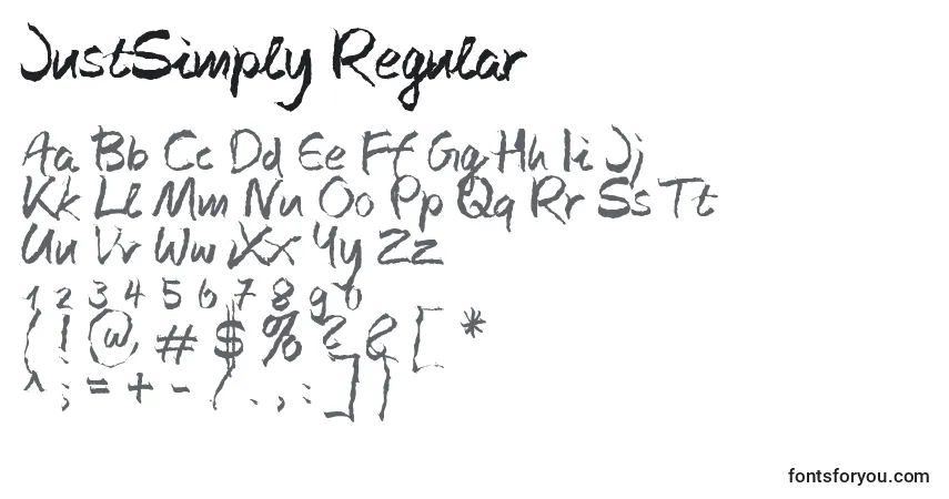 Schriftart JustSimply Regular – Alphabet, Zahlen, spezielle Symbole