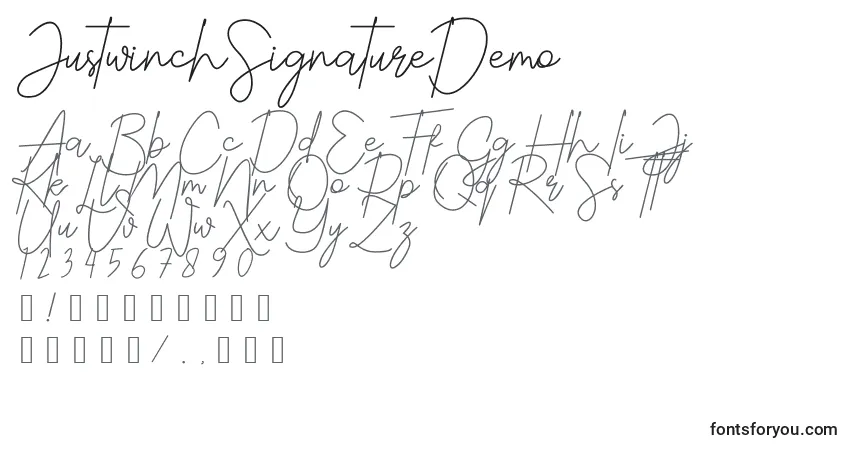 Шрифт JustwinchSignatureDemo – алфавит, цифры, специальные символы
