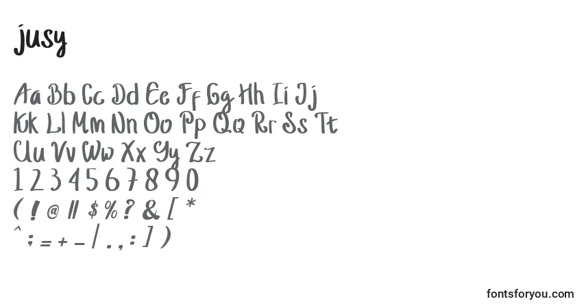 Schriftart Jusy – Alphabet, Zahlen, spezielle Symbole