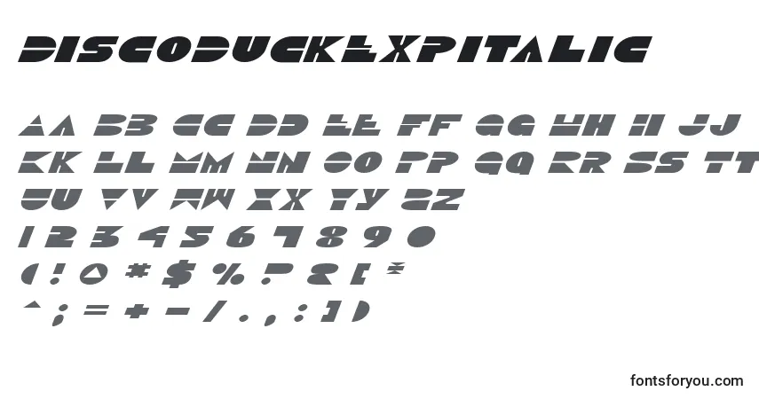 A fonte DiscoDuckExpitalic – alfabeto, números, caracteres especiais
