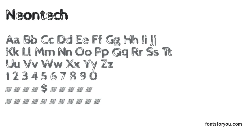 Czcionka Neontech – alfabet, cyfry, specjalne znaki