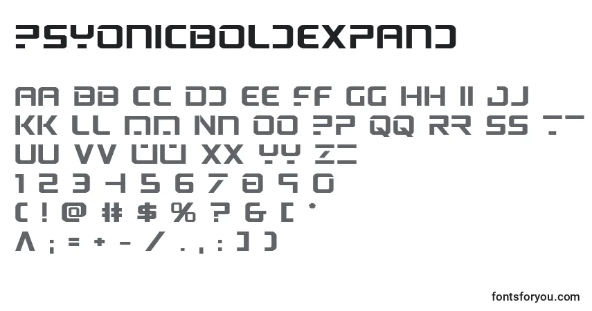 Шрифт Psyonicboldexpand – алфавит, цифры, специальные символы
