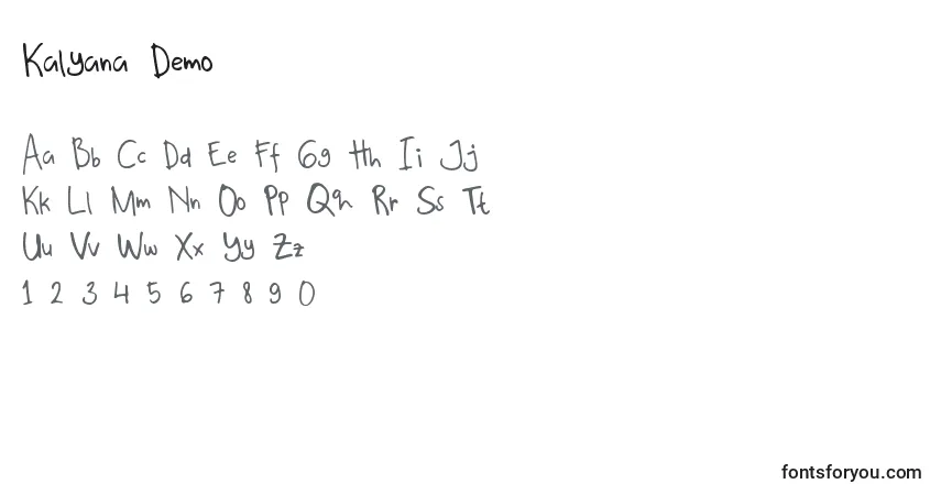 Schriftart Kalyana Demo – Alphabet, Zahlen, spezielle Symbole