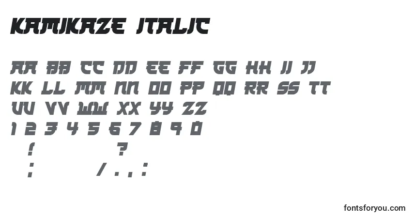 Schriftart Kamikaze Italic – Alphabet, Zahlen, spezielle Symbole