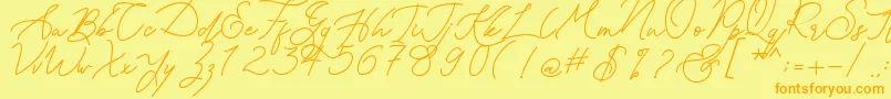 Kanaggawa-Schriftart – Orangefarbene Schriften auf gelbem Hintergrund