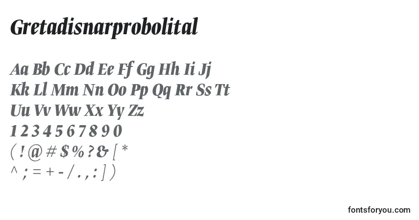 Czcionka Gretadisnarprobolital – alfabet, cyfry, specjalne znaki