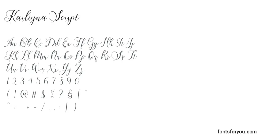 Czcionka Karliyna Script – alfabet, cyfry, specjalne znaki