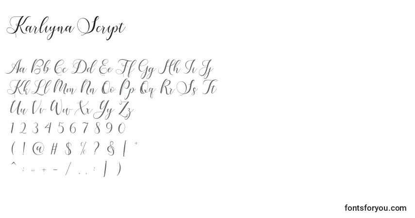 Шрифт Karliyna Script (131399) – алфавит, цифры, специальные символы