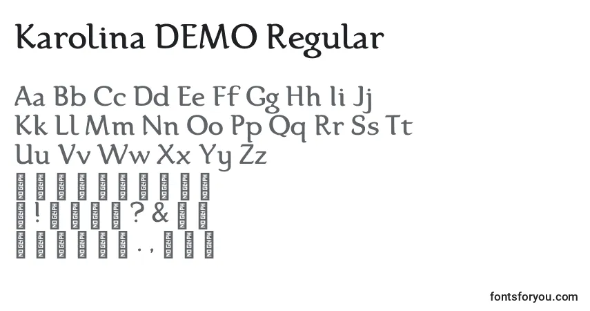 Шрифт Karolina DEMO Regular – алфавит, цифры, специальные символы