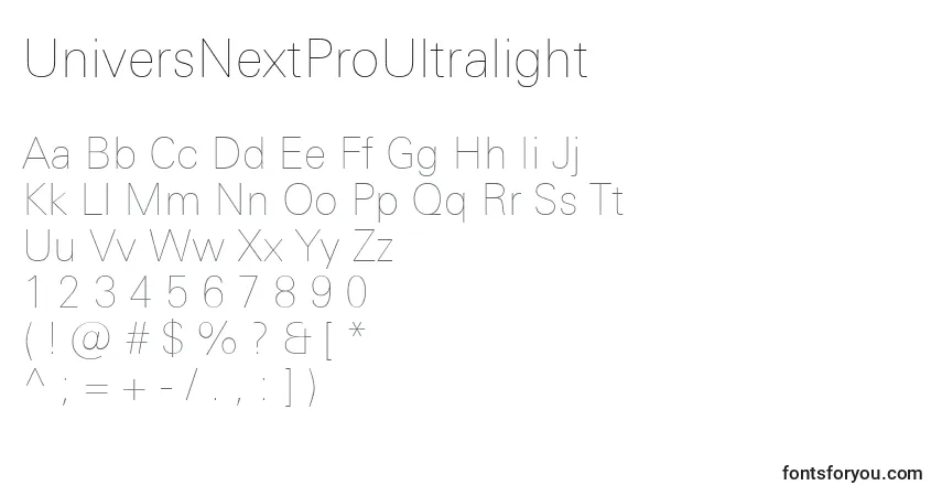 A fonte UniversNextProUltralight – alfabeto, números, caracteres especiais