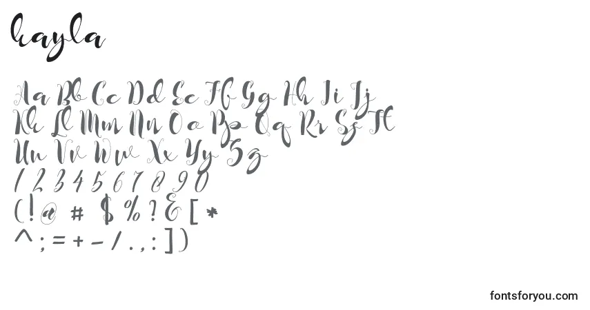 Czcionka Kayla – alfabet, cyfry, specjalne znaki