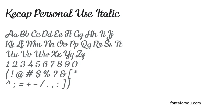 Шрифт Kecap Personal Use Italic – алфавит, цифры, специальные символы