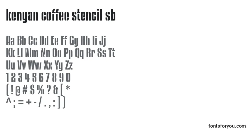 A fonte Kenyan coffee stencil sb – alfabeto, números, caracteres especiais