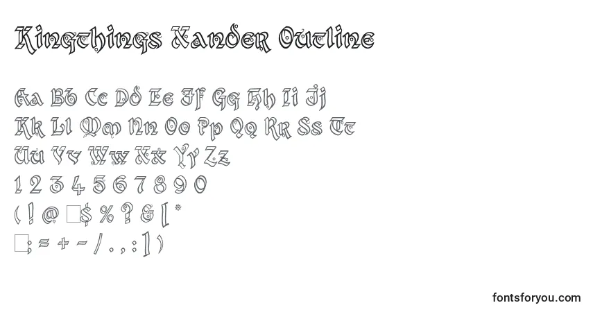 Czcionka Kingthings Xander Outline – alfabet, cyfry, specjalne znaki