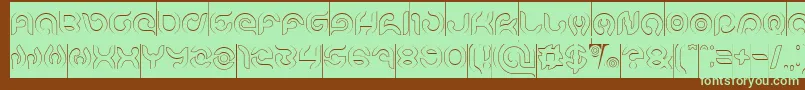 フォントKIOSHIMA Outlined Inverse – 緑色の文字が茶色の背景にあります。