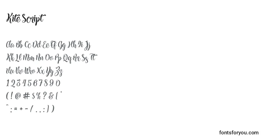 A fonte Kite Script (131751) – alfabeto, números, caracteres especiais