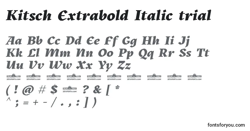 A fonte Kitsch Extrabold Italic trial – alfabeto, números, caracteres especiais