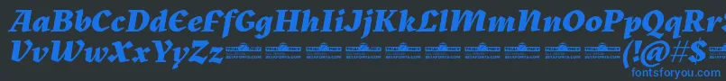 Saiba mais sobre a fonte Kitsch Extrabold Italic trial Fonte Kitsch Extrabold Italic trial – fontes azuis em um fundo preto