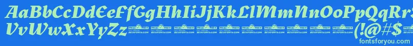 Czcionka Kitsch Extrabold Italic trial – zielone czcionki na niebieskim tle