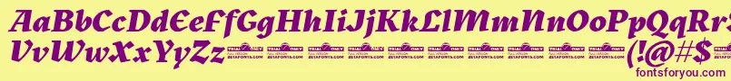 Kitsch Extrabold Italic trial-fontti – violetit fontit keltaisella taustalla