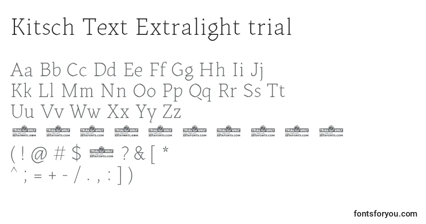 A fonte Kitsch Text Extralight trial – alfabeto, números, caracteres especiais