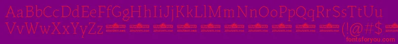Czcionka Kitsch Text Extralight trial – czerwone czcionki na fioletowym tle