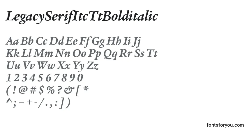 A fonte LegacySerifItcTtBolditalic – alfabeto, números, caracteres especiais