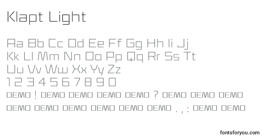 Schriftart Klapt Light – Alphabet, Zahlen, spezielle Symbole