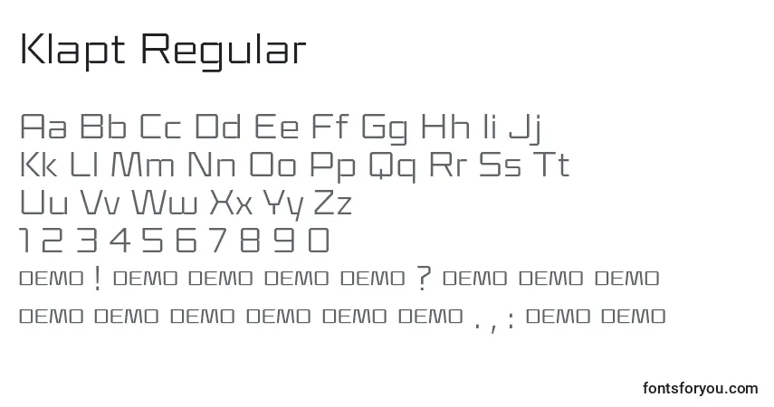 Шрифт Klapt Regular – алфавит, цифры, специальные символы