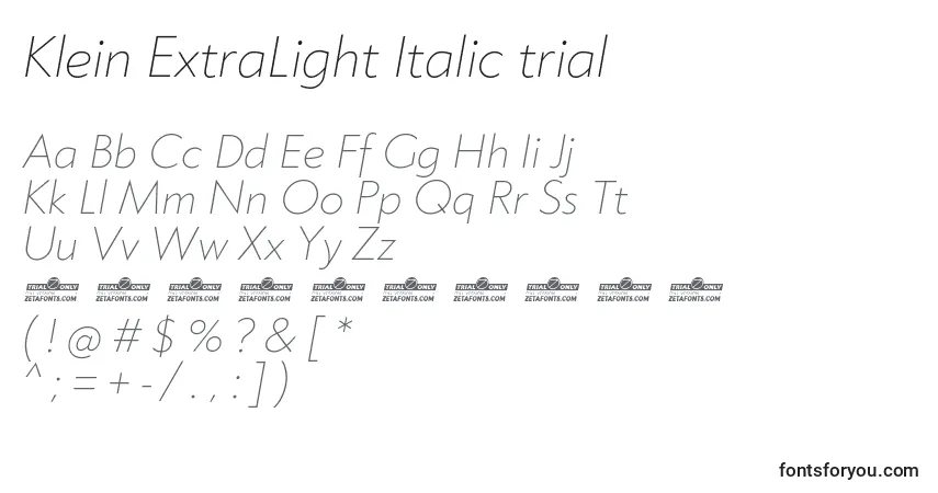 Шрифт Klein ExtraLight Italic trial – алфавит, цифры, специальные символы