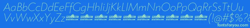 Czcionka Klein ExtraLight Italic trial – zielone czcionki na niebieskim tle